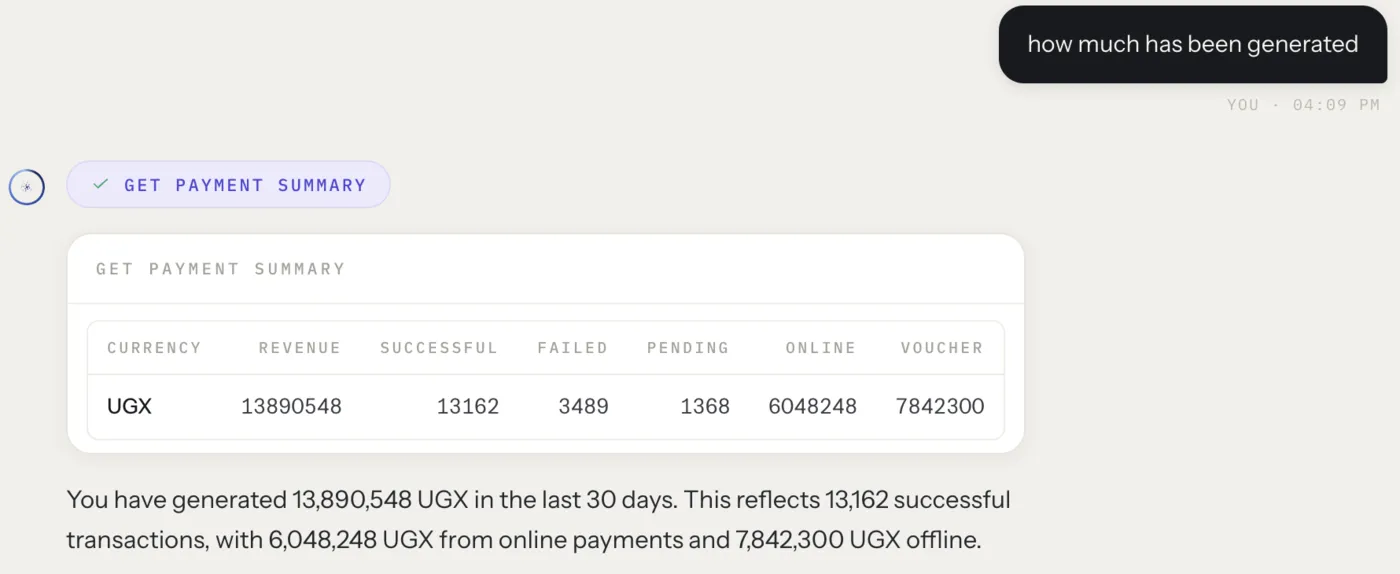 A real answer: how much has been generated in the last 30 days, with the payment summary table behind it