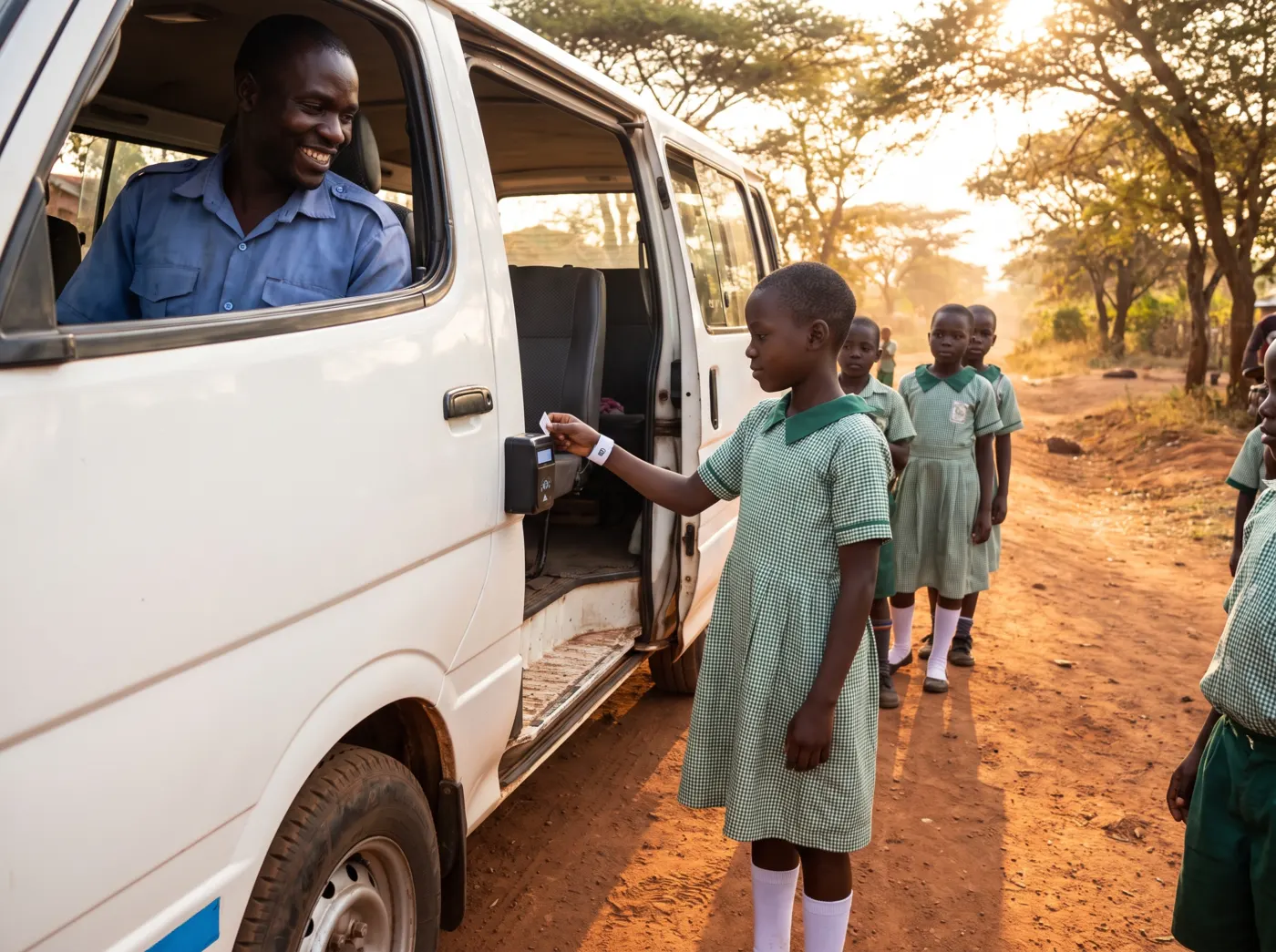 A pupil taps her wristband on a reader as she boards the school shuttle