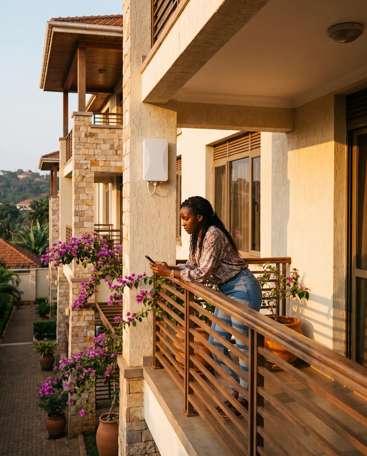 An apartment courtyard in Kololo with an Infinity Outdoor access point on the wall