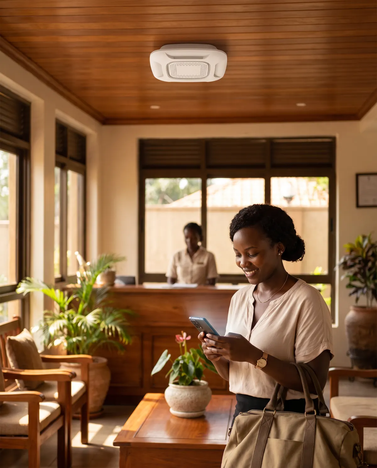 A hotel guest connecting to Wi-Fi in an Entebbe lobby