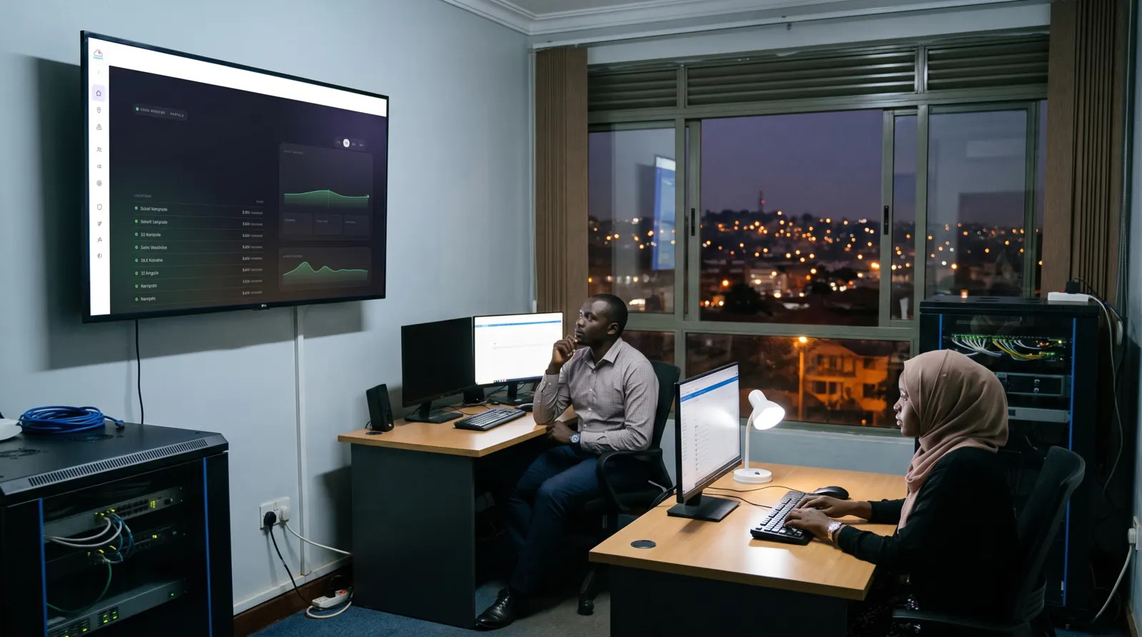 Two engineers in a network operations centre