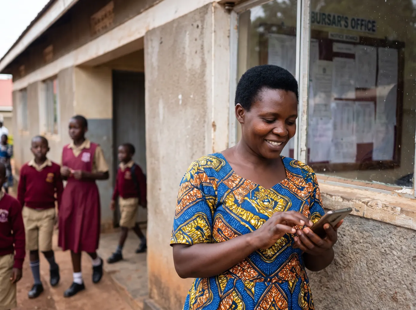 A parent confirming a school fees payment on her phone outside the bursar's office