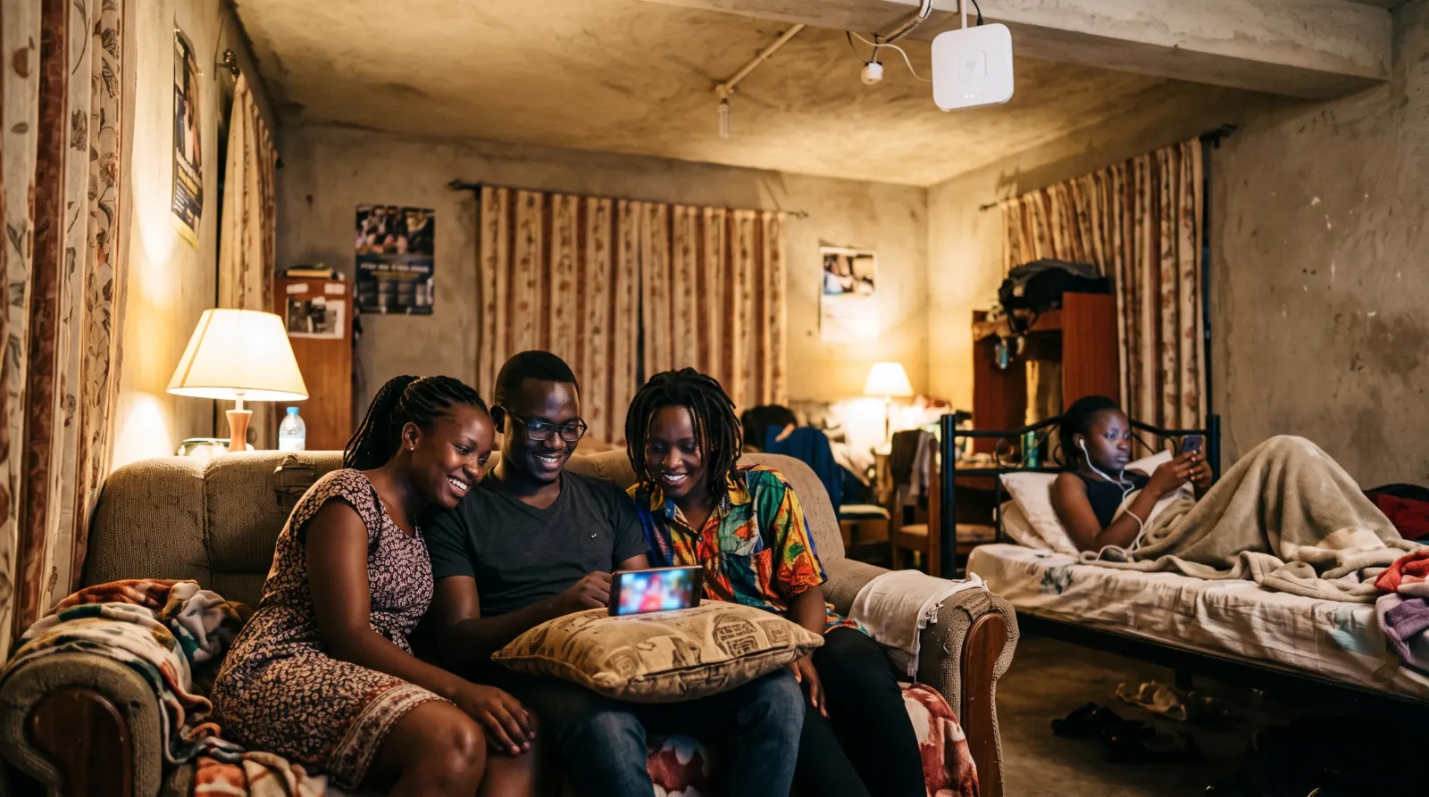 Students in a Kampala hostel watching a film together on a phone over the building's Wi-Fi