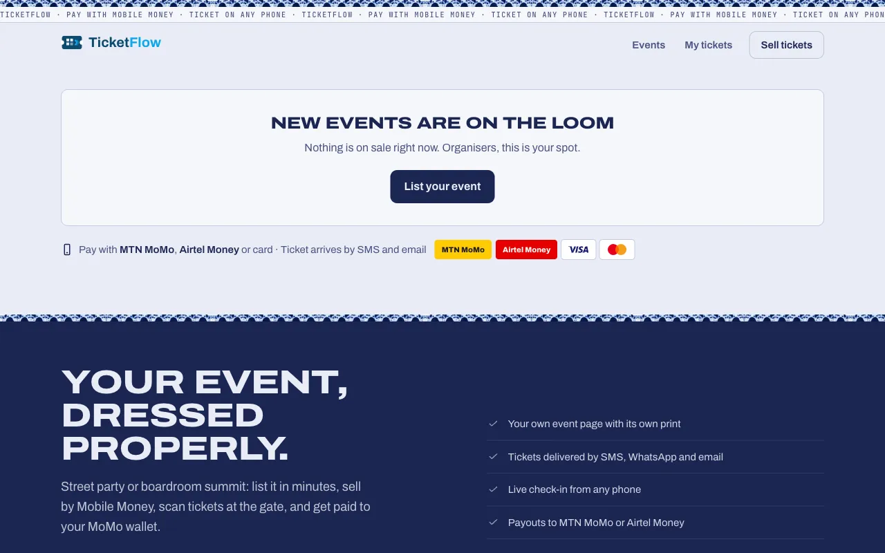 The Ticket-Flow home page: tickets paid by MTN MoMo, Airtel Money or card
